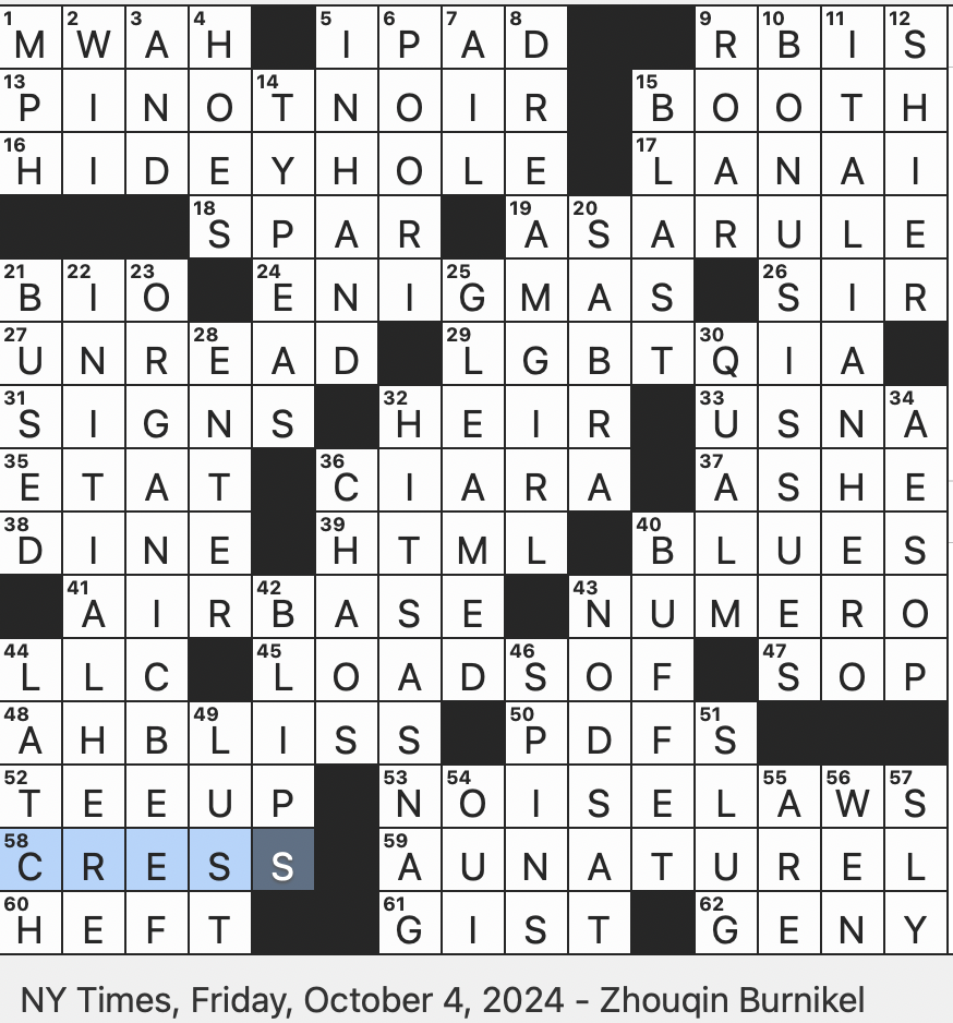 Rex Parker Does The NYT Crossword Puzzle Speed Reading For Short FRI 10 4 24 Liu Regarded As China s First Supermodel Indian Fried Bread High end Skin care Brand Frequent Missy