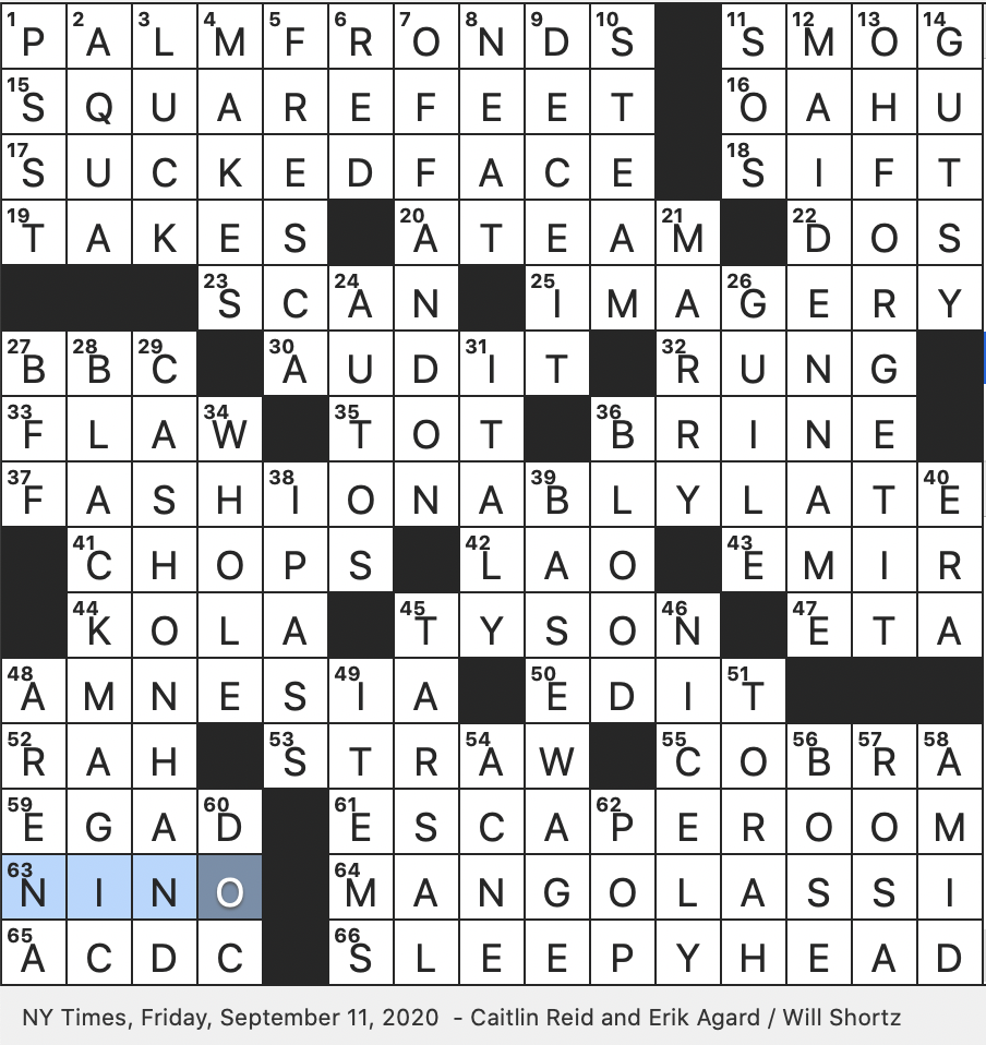 Rex Parker Does The NYT Crossword Puzzle Sweet Indian Beverage FRI 9 11 20 Title Of Hits By Abba Rihanna Phone unlocking Option Proverbial Back breaker