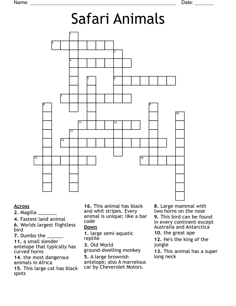 Safari Animals Crossword WordMint