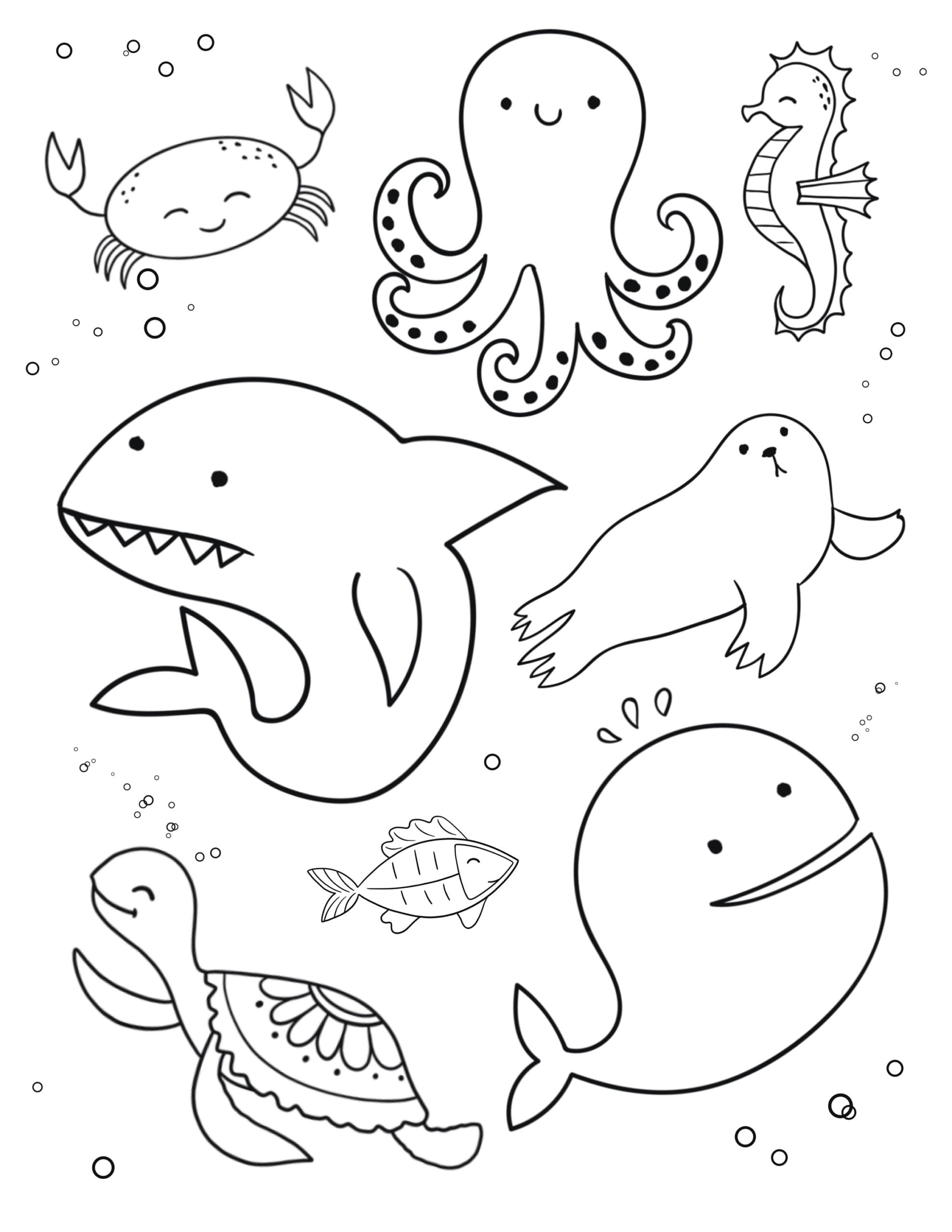 Sea Animal Coloring Page Ocean Life Printable PDF Shark dolphin octopus crab seahorse turtle seal Etsy