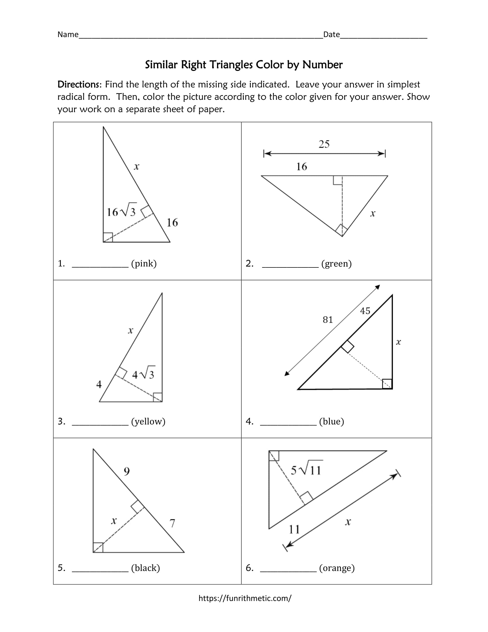 Similar Right Triangles Color By Number Funrithmetic Similar Right Triangles Color By Number Funrithmetic