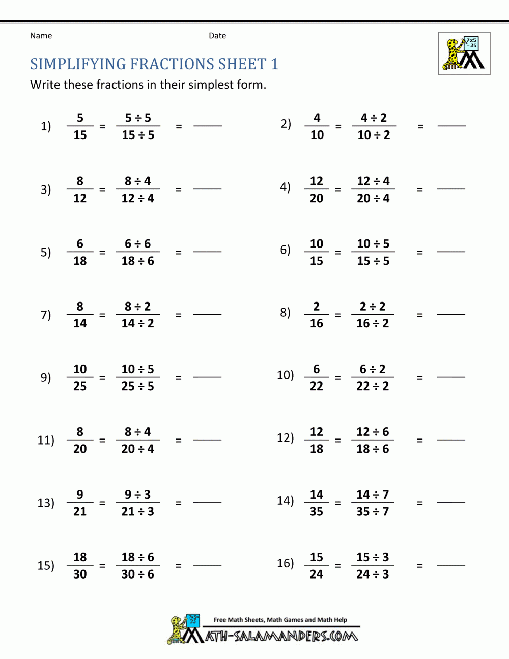 Simplifying Fractions Worksheet Simplifying Fractions Worksheet