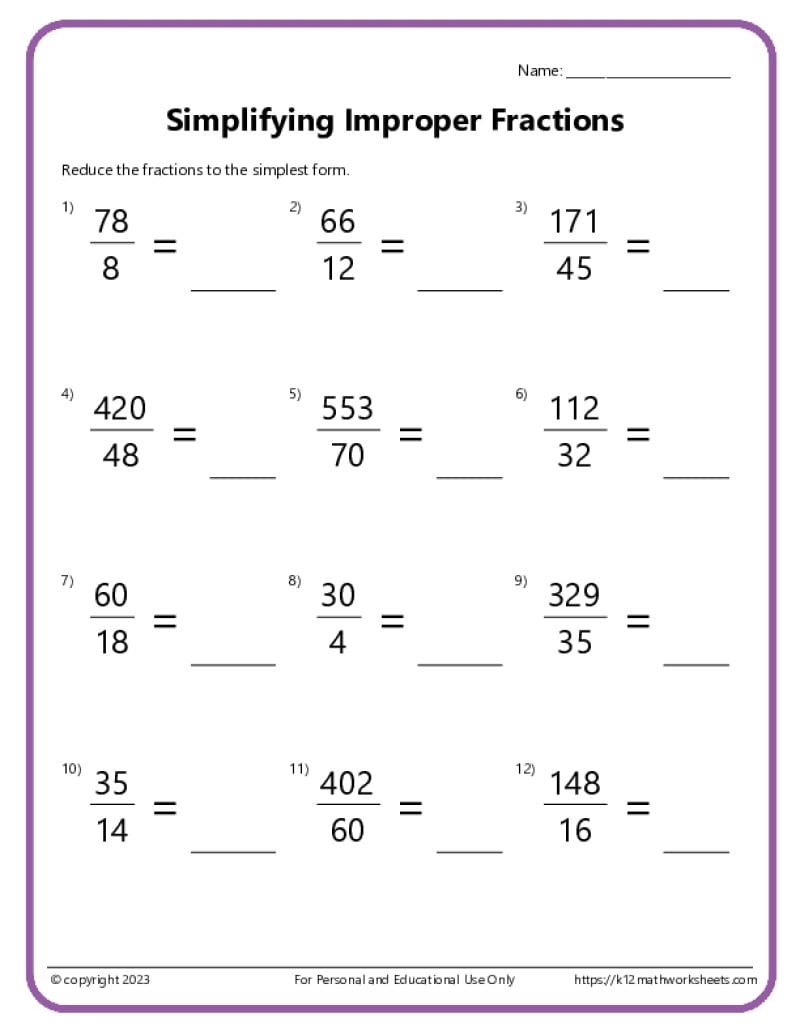 Simplifying Fractions Worksheets K12mathworksheets