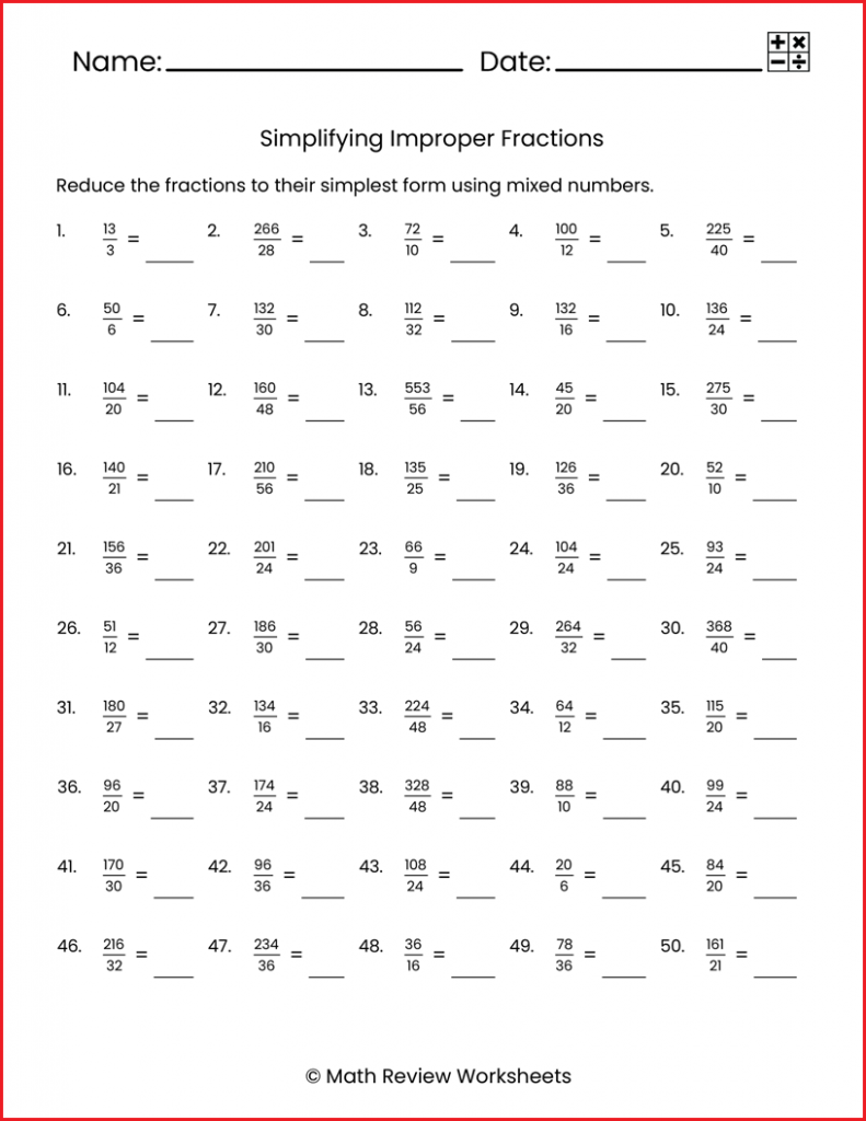 simplification of fractions worksheet