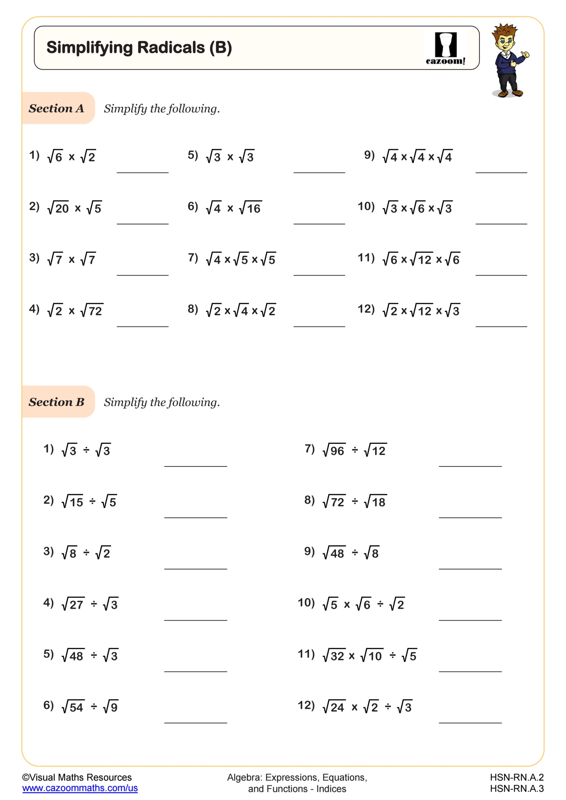 Simplifying Radicals B Worksheet Fun And Engaging Algebra I PDF Worksheets