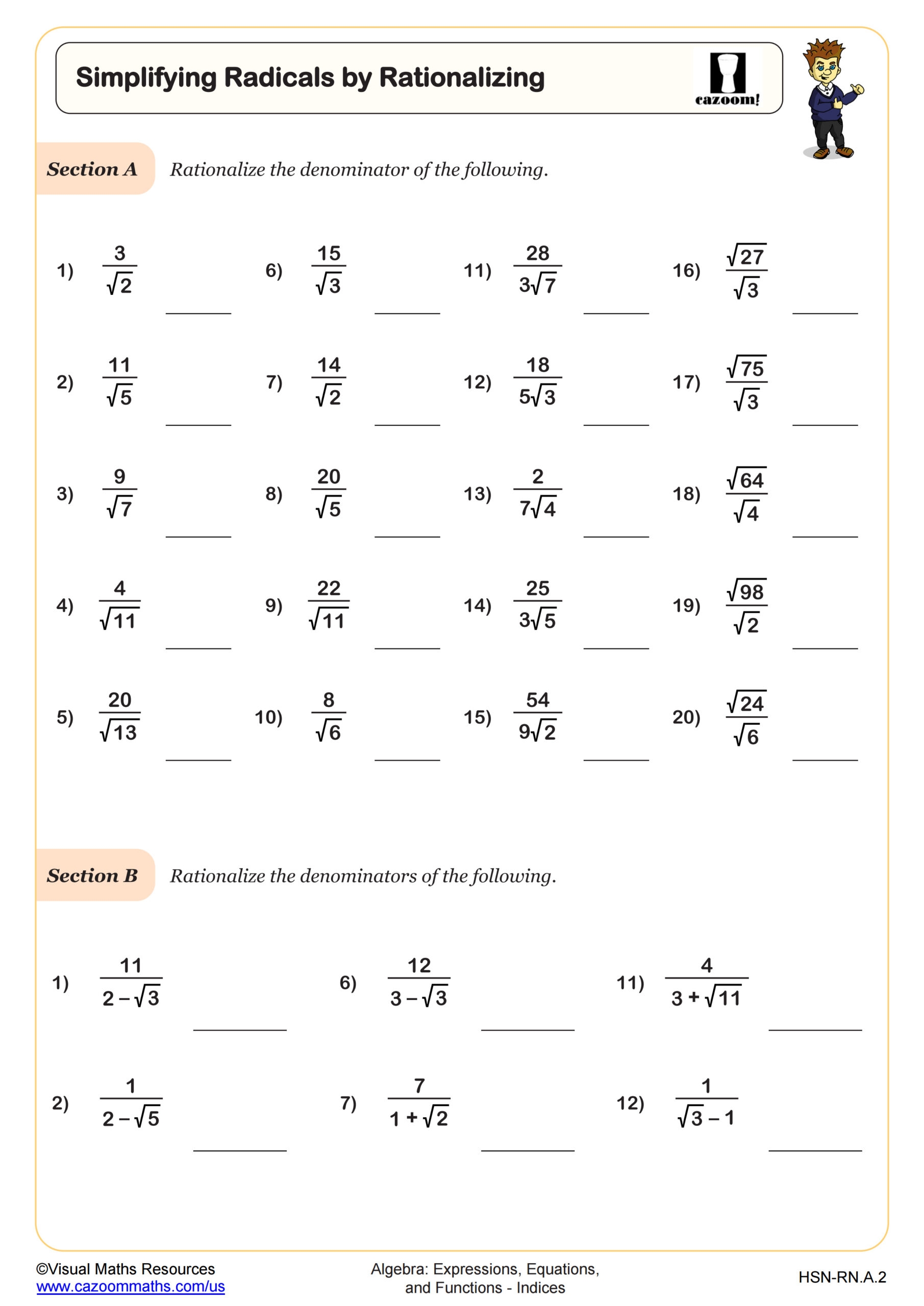 Simplifying Radicals By Rationalizing Worksheet PDF Printable Algebra Worksheet