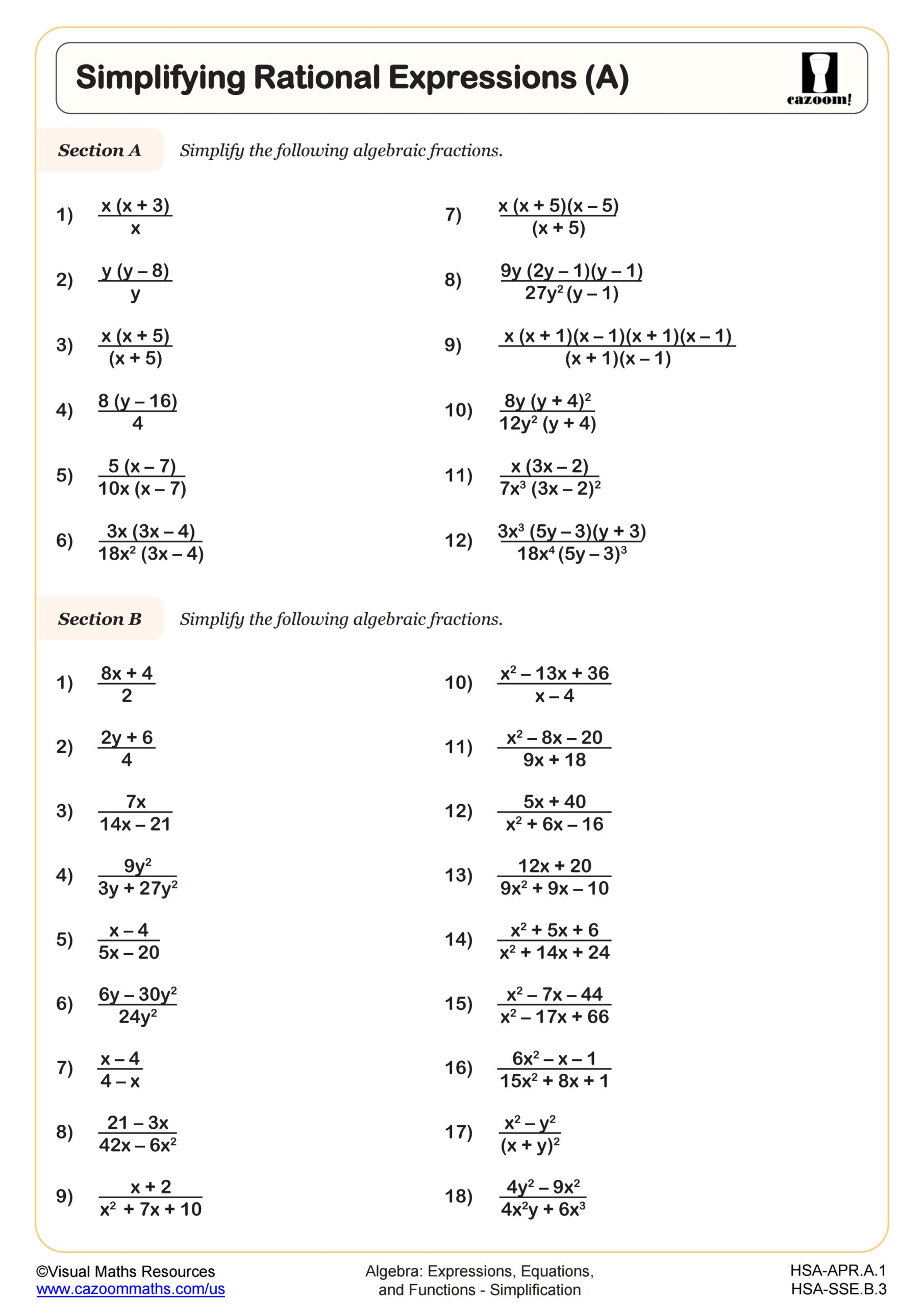 Simplifying Rational Expressions A Worksheet Algebra II PDF Worksheets Simplifying Rational Expressions A Worksheet Algebra II PDF Worksheets