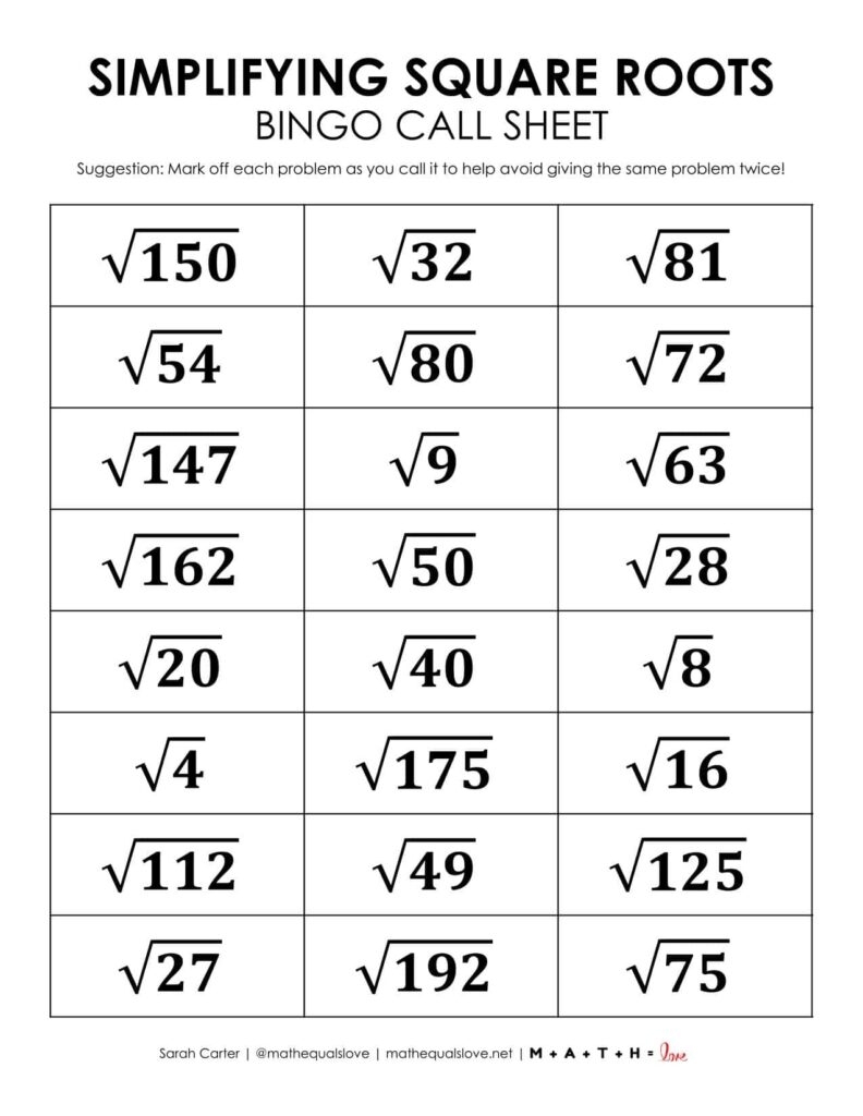 Simplifying Square Roots Bingo Game Free PDF Simplifying Square Roots Bingo Game Free PDF