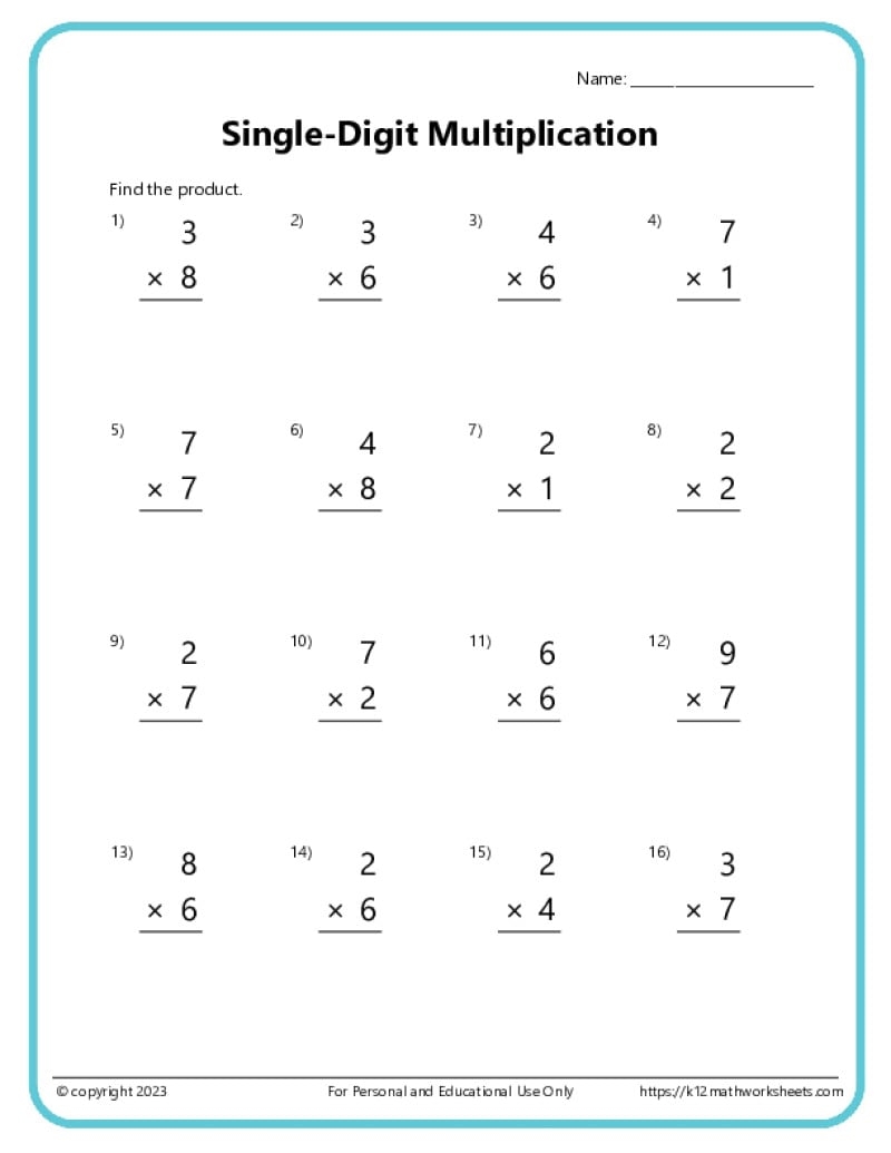 Single Digit Multiplication Worksheets Single Digit Multiplication Worksheets