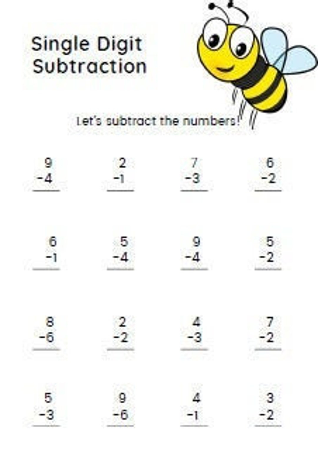 Single Digit Subtraction Worksheet Beginner Math Practice digital Download Etsy Single Digit Subtraction Worksheet Beginner Math Practice digital Download Etsy