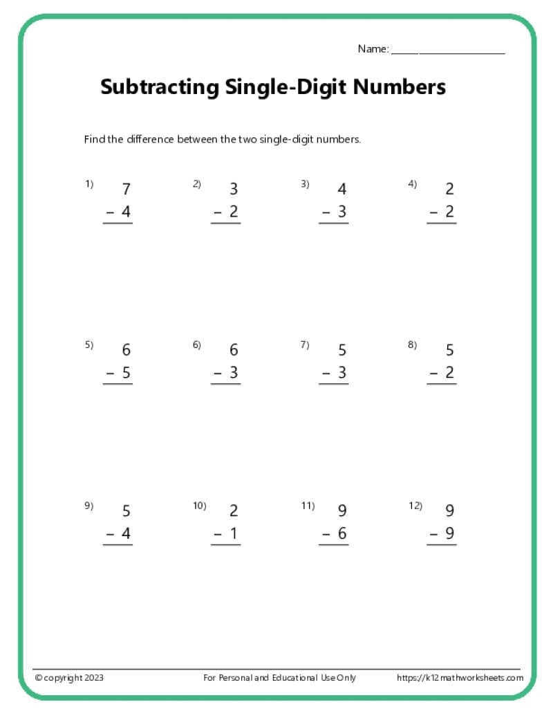 Single Digit Subtraction Worksheets K12 Math Worksheets Single Digit Subtraction Worksheets K12 Math Worksheets