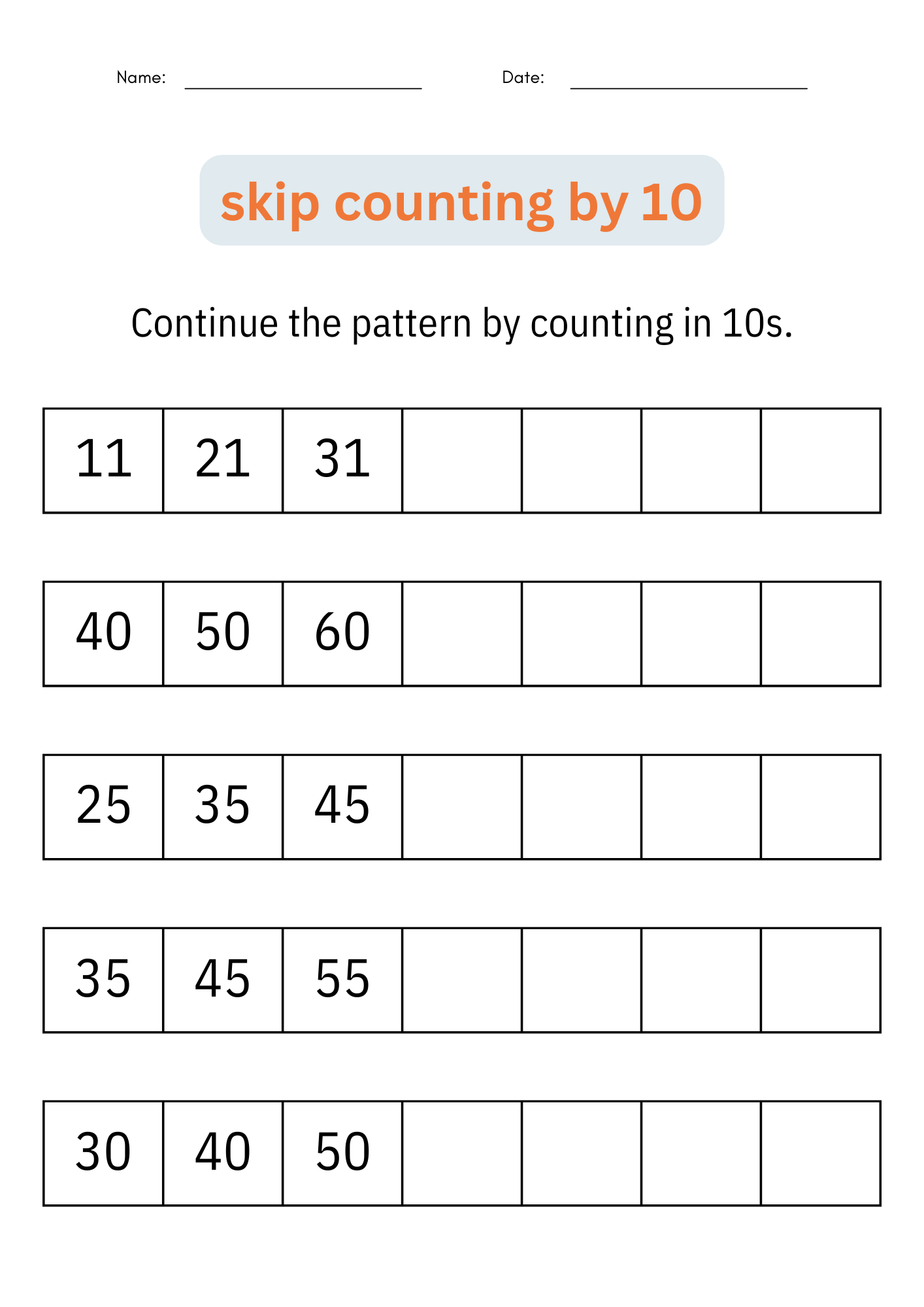 skip counting by 10 worksheets