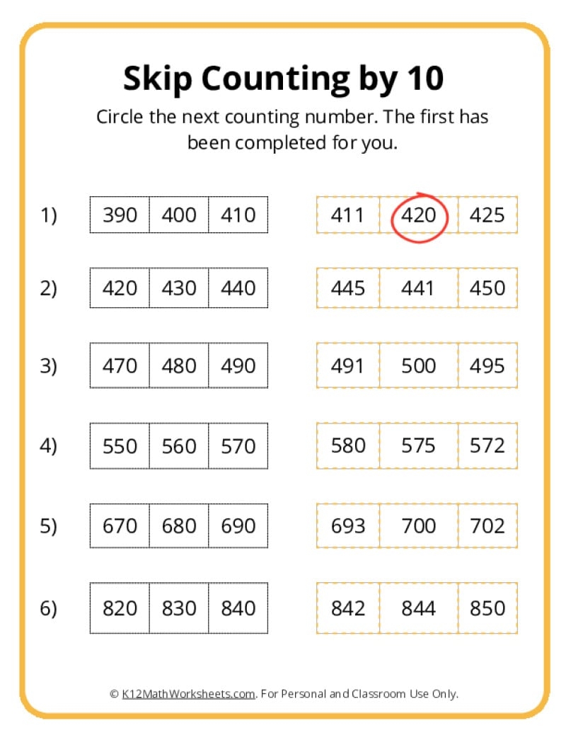 skip counting by 10s worksheet