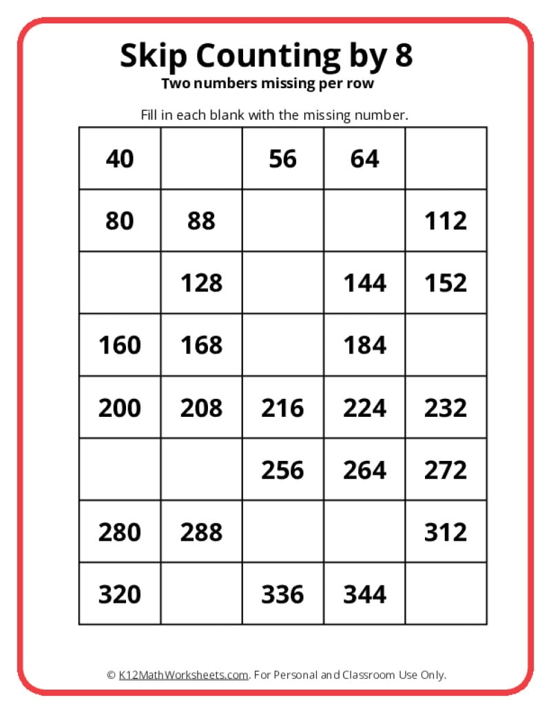 Skip Counting By 8 Worksheets Skip Counting By 8 Worksheets