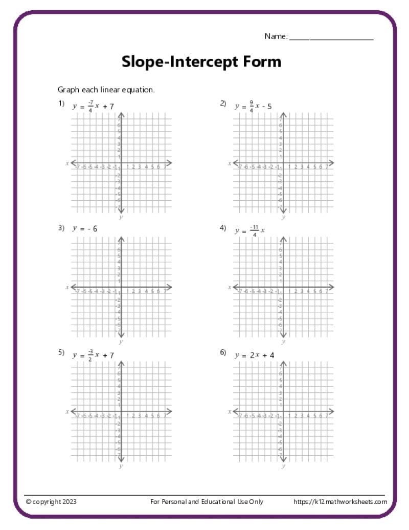 Slope Intercept Form Worksheets Slope Intercept Form Worksheets