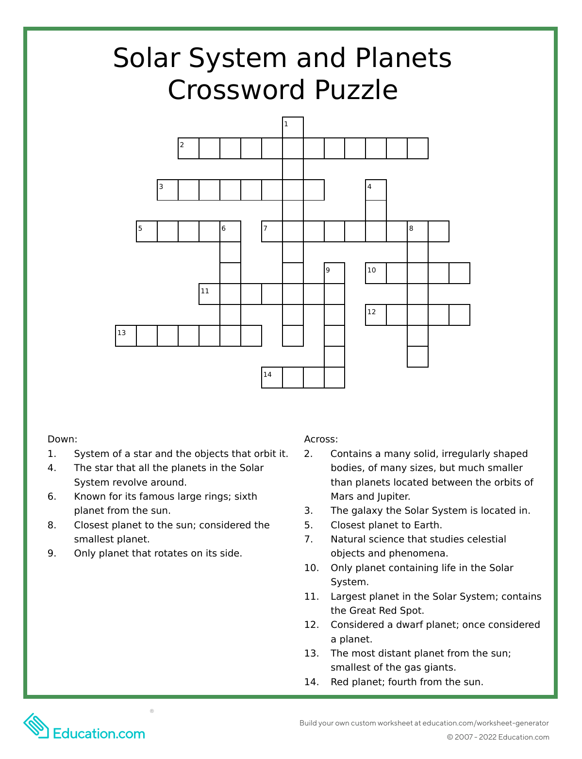 Solar System Planets Crossword Puzzle Worksheet