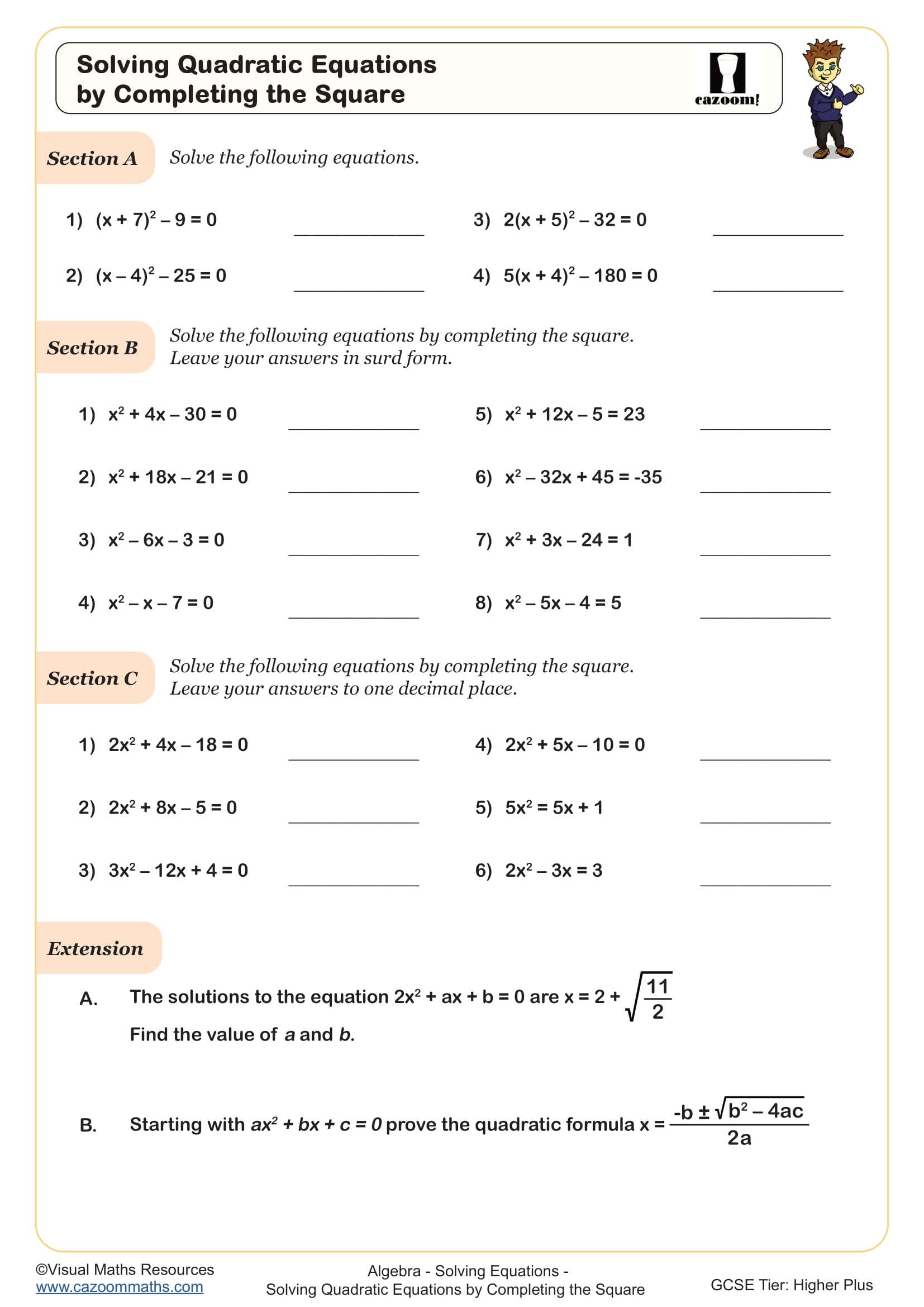Solving Quadratic Equations By Completing The Square Worksheet Cazoom Maths Worksheets Solving Quadratic Equations By Completing The Square Worksheet Cazoom Maths Worksheets