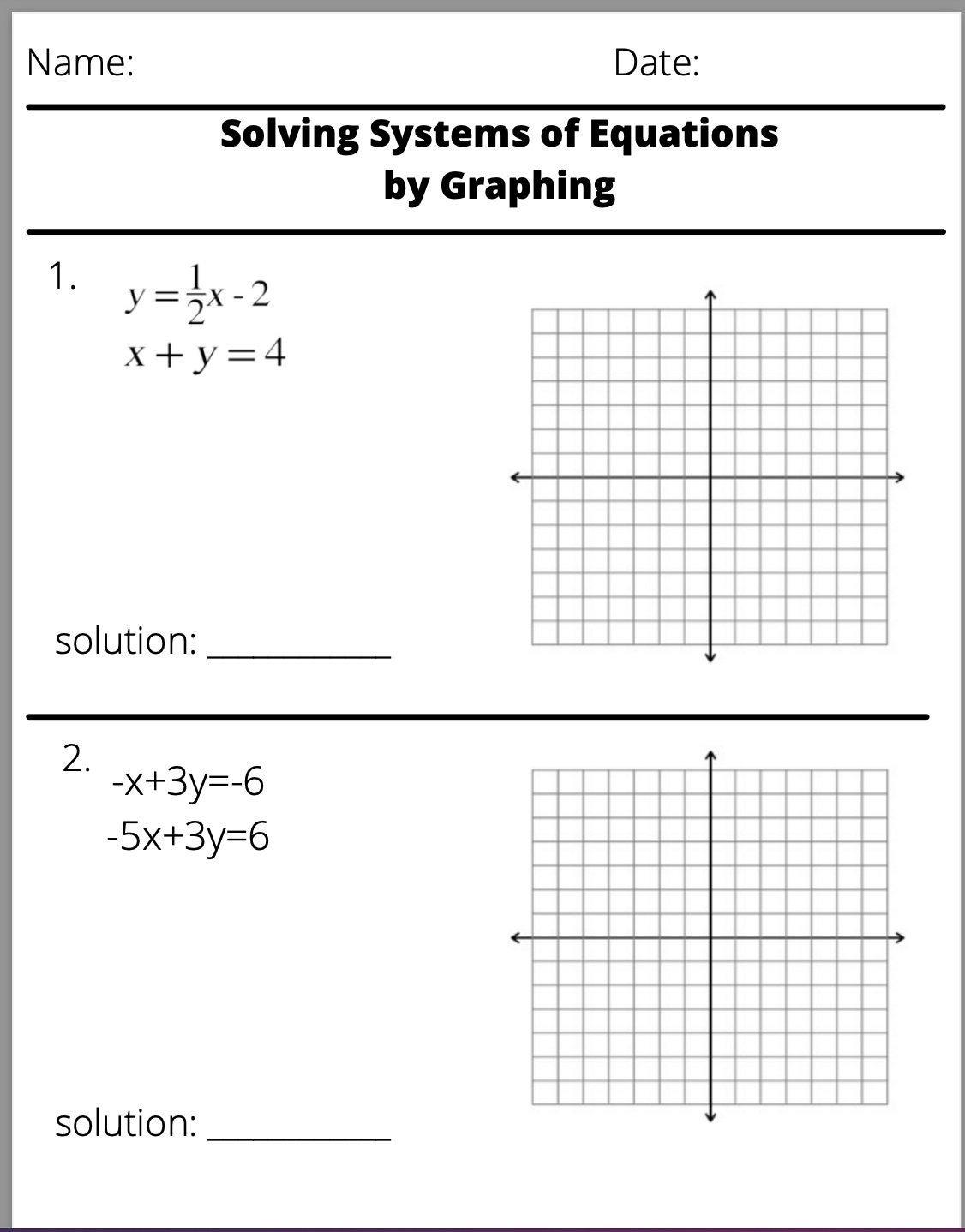 Solving Systems Of Equations By Graphing Worksheet Etsy Solving Systems Of Equations By Graphing Worksheet Etsy