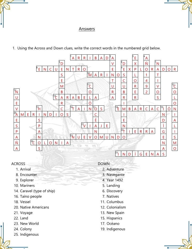 Spanish Columbus Day Vocabulary Crossword Worksheets Printable Activity For D a De La Raza Answer Keys Etsy