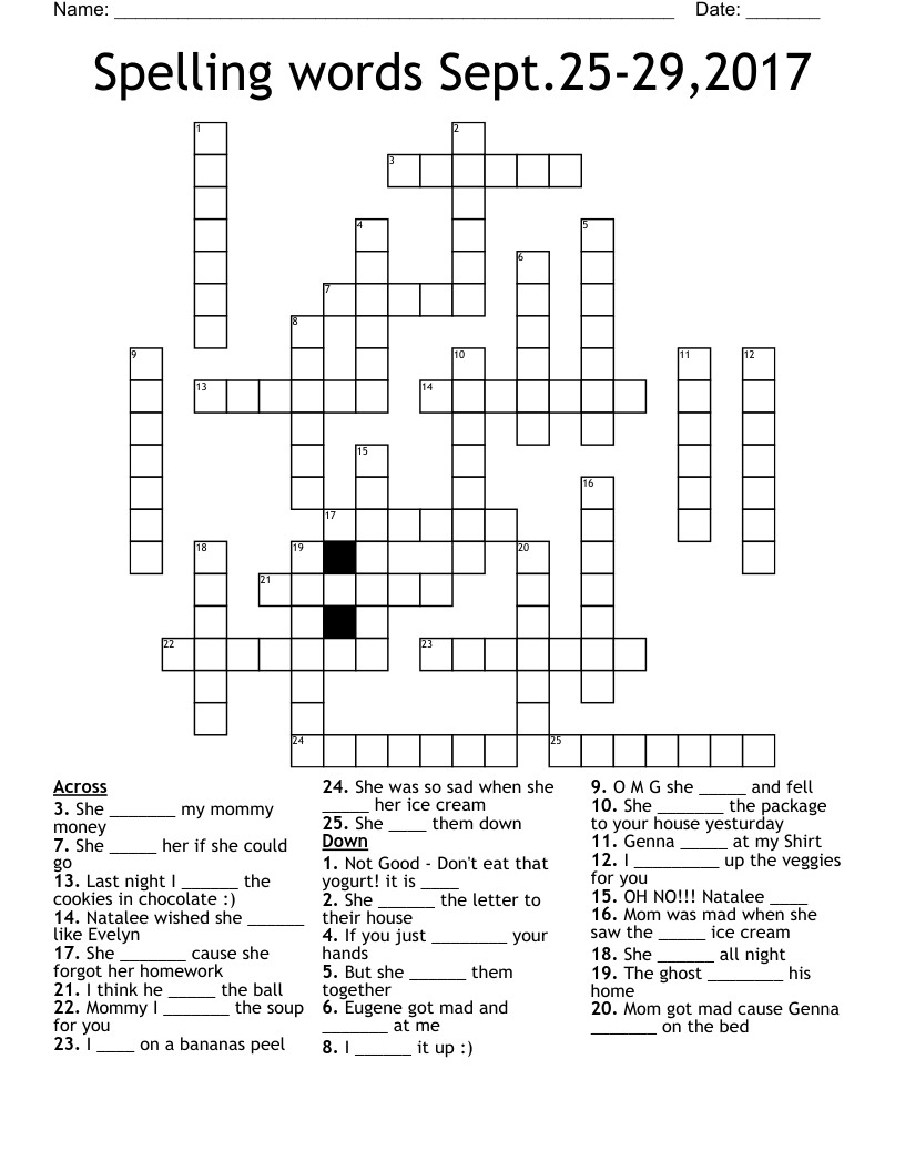 Spelling Words Sept 25 29 2017 Crossword WordMint