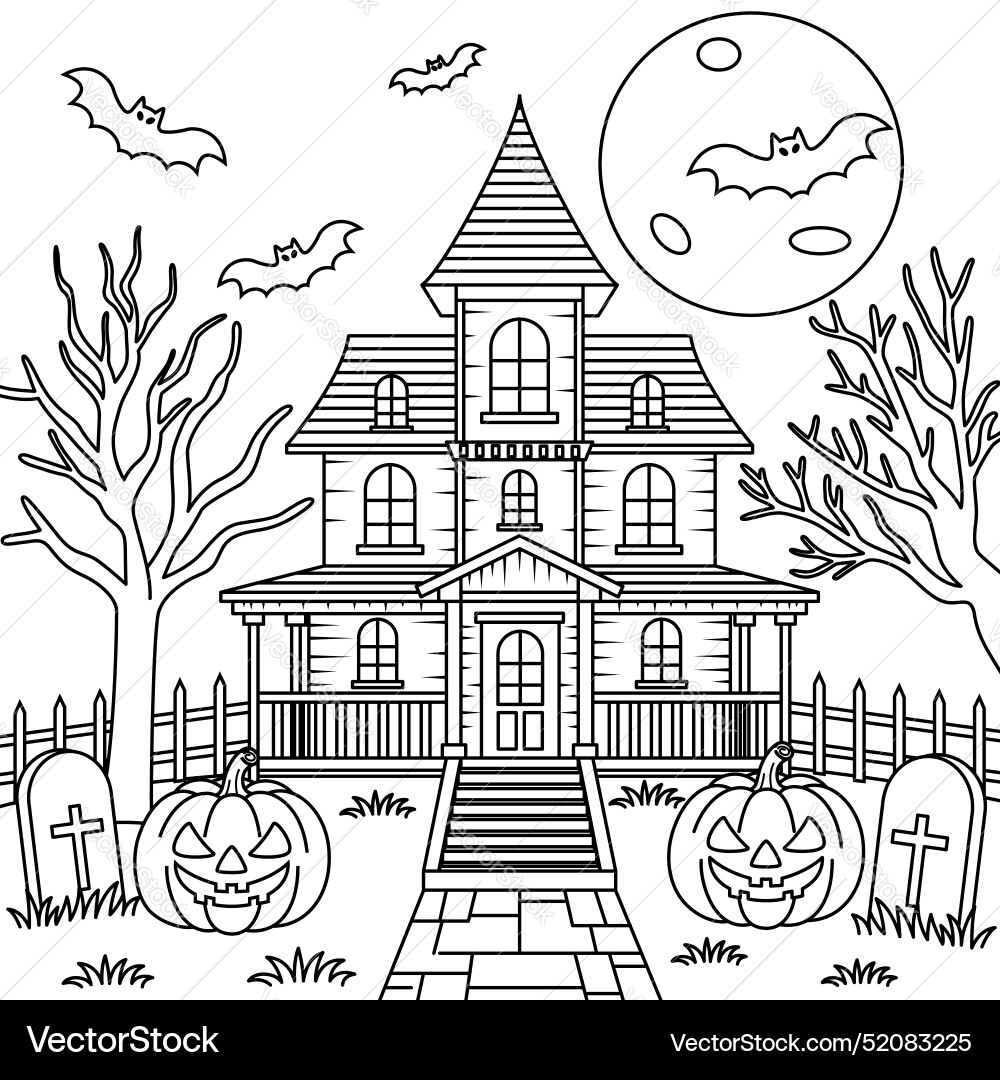 Spooky Halloween Mansion Coloring Page Royalty Free Vector VectorStock Spooky Halloween Mansion Coloring Page Royalty Free Vector VectorStock