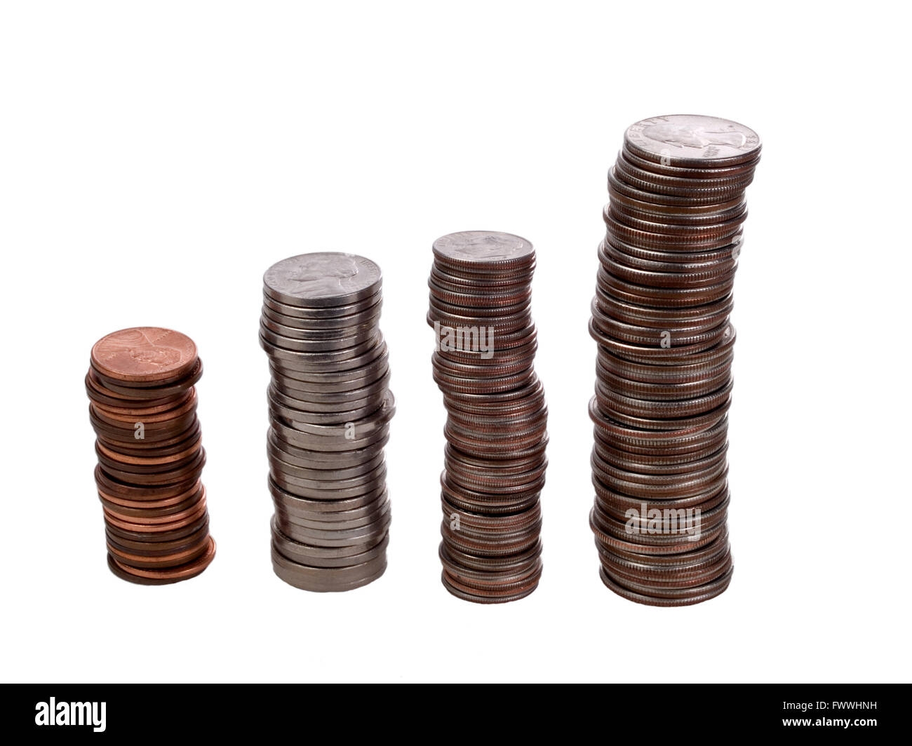 Stack Of Pennies Nickels Dimes And Quarters Showing Growth Stock Photo Alamy