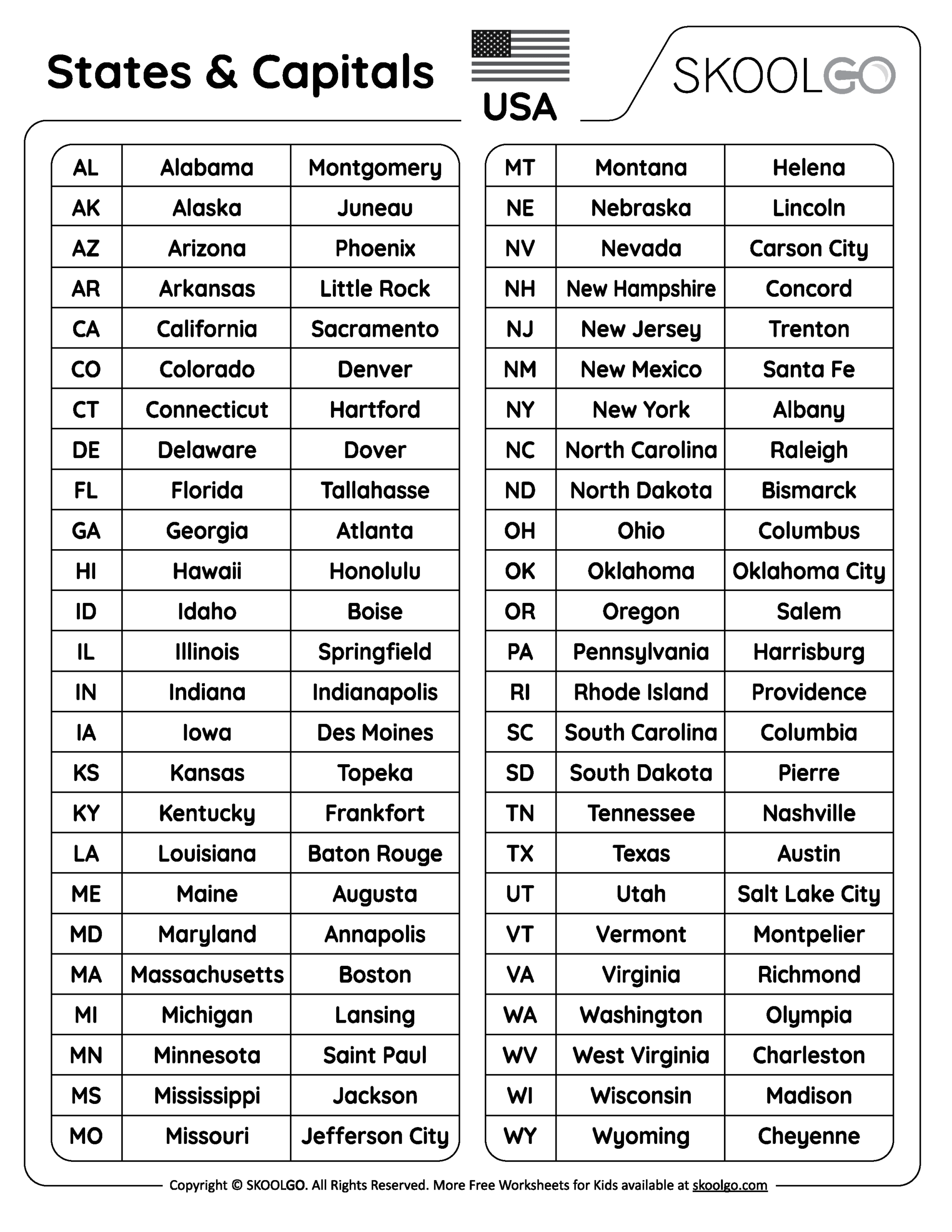 States And Capitals Free Worksheet For Kids SKOOLGO States And Capitals Free Worksheet For Kids SKOOLGO