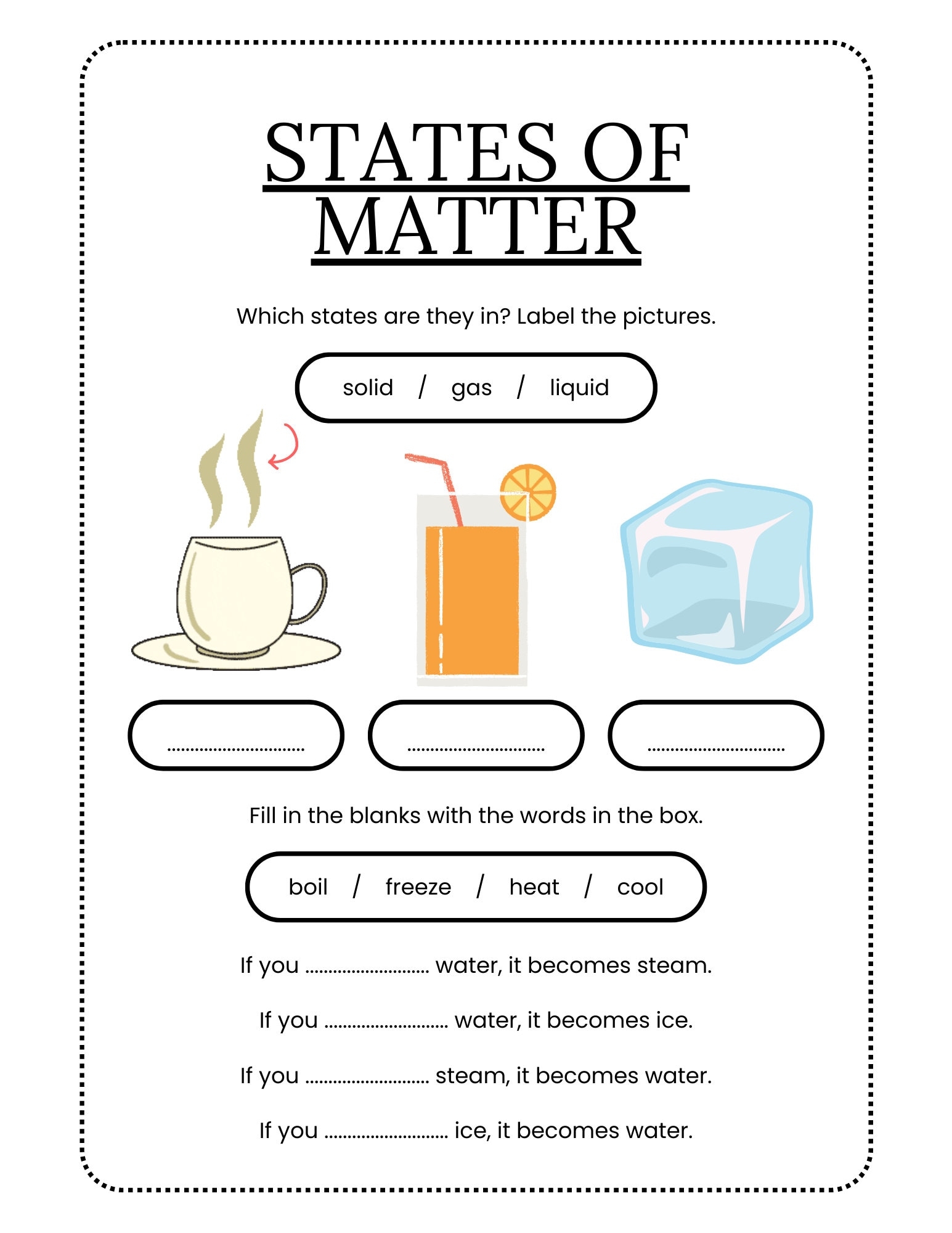 States Of Matter Worksheet For Science Class Elementary Level Science Worksheet Etsy