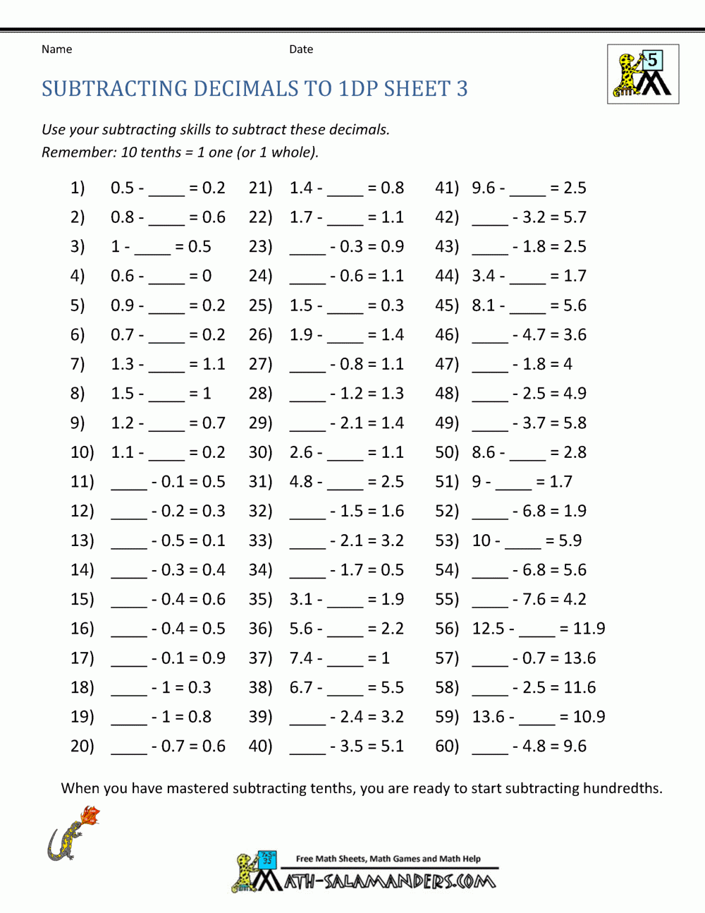 Subtracting Decimals Worksheet Subtracting Decimals Worksheet