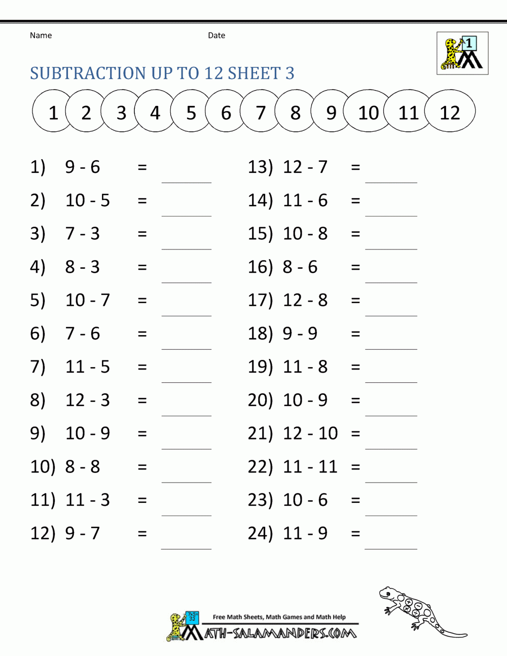 Subtraction Facts Worksheets 1st Grade