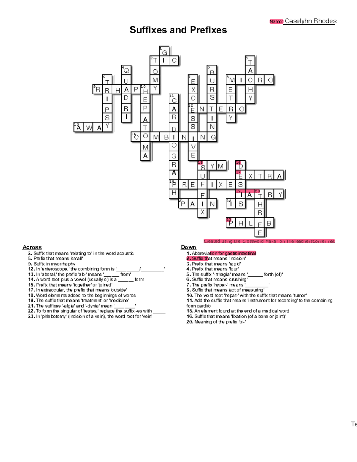 Suffixes And Prefixes Crossword Puzzle Eng 101 Studocu