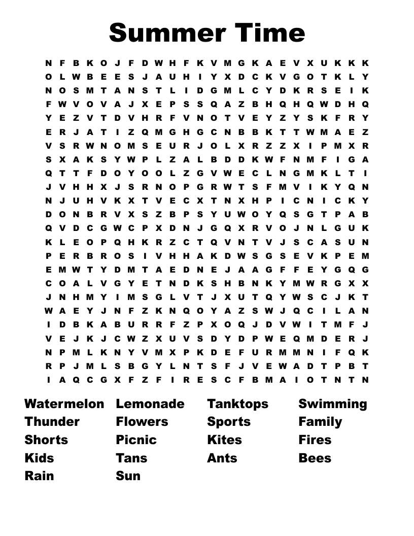 summertime word search printable