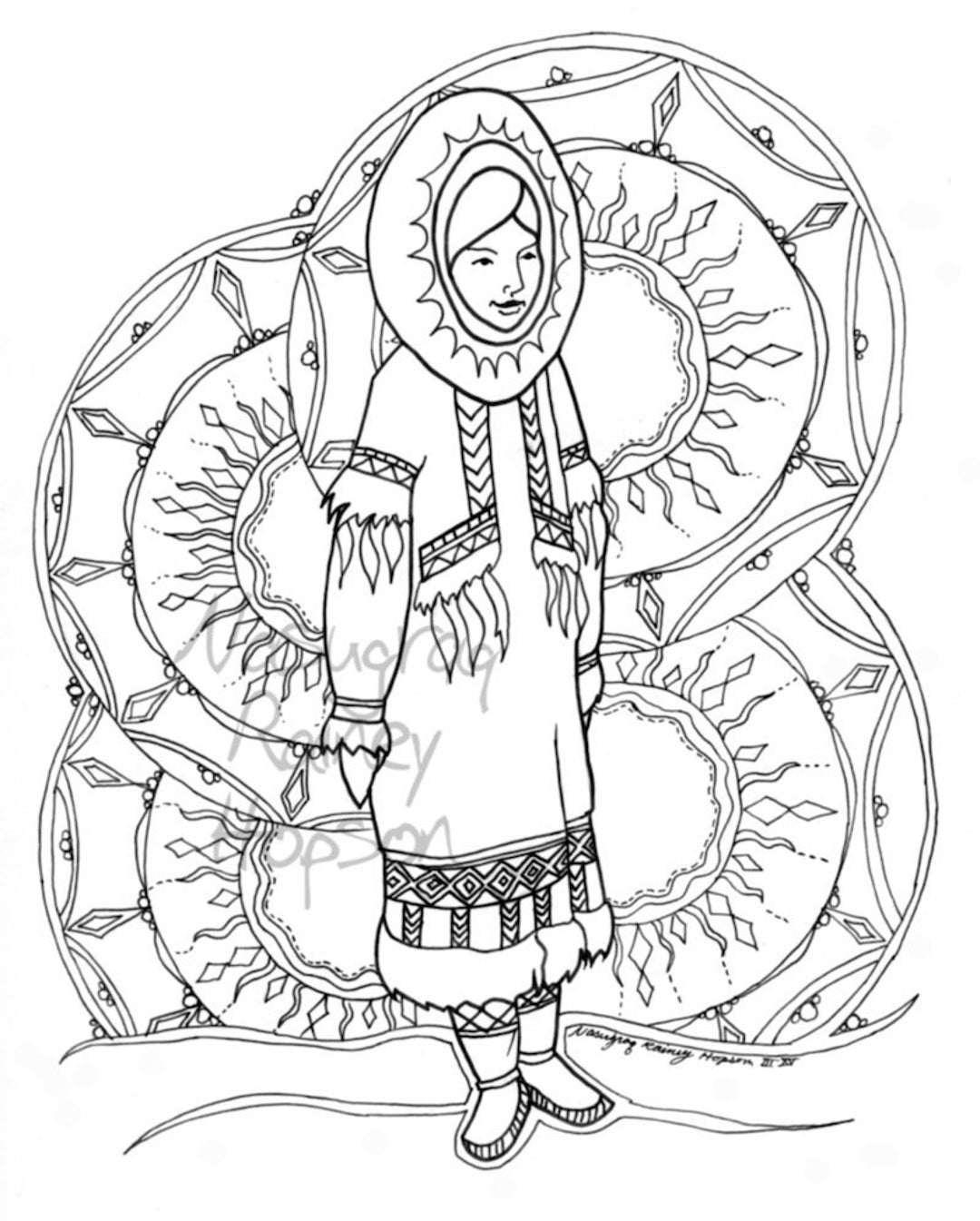 Sunshine Woman Alaska Native Hand Drawn Coloring Page Etsy Finland