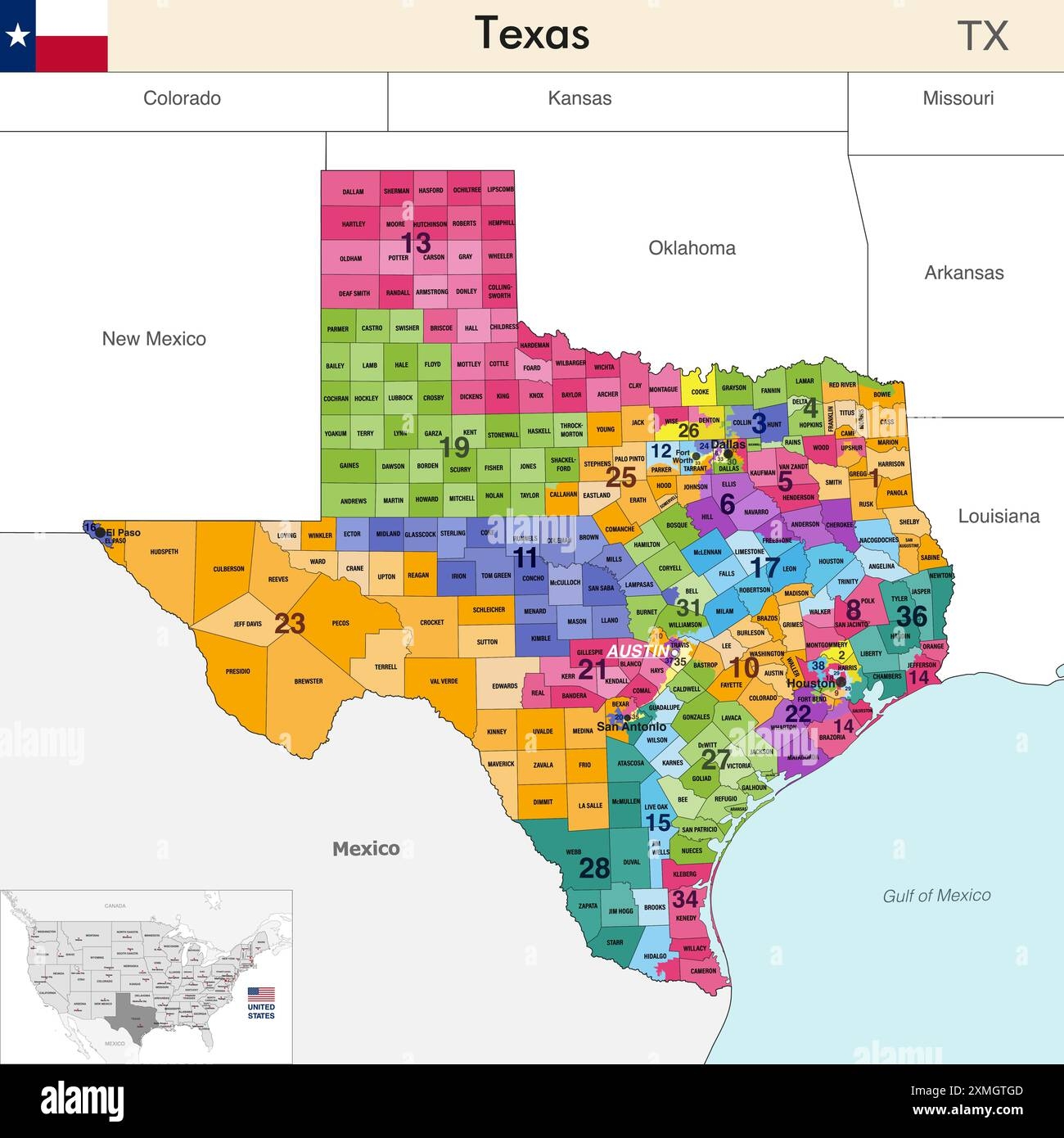Texas State Map With Counties Borders And Colored Congressional Districts Boundaries Due To The 2020 United States Census And Which Is Valid Since 202 Stock Vector Image Art Alamy