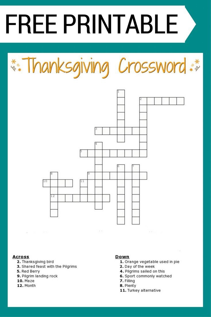 Thanksgiving Crossword Puzzle FREE Printable For Kids Or Adults