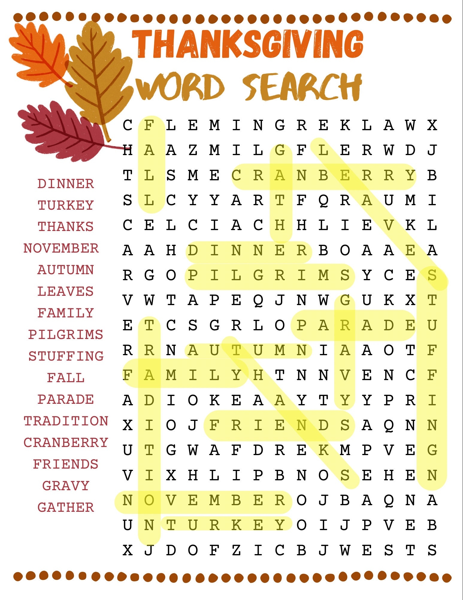 Thanksgiving Word Search Etsy