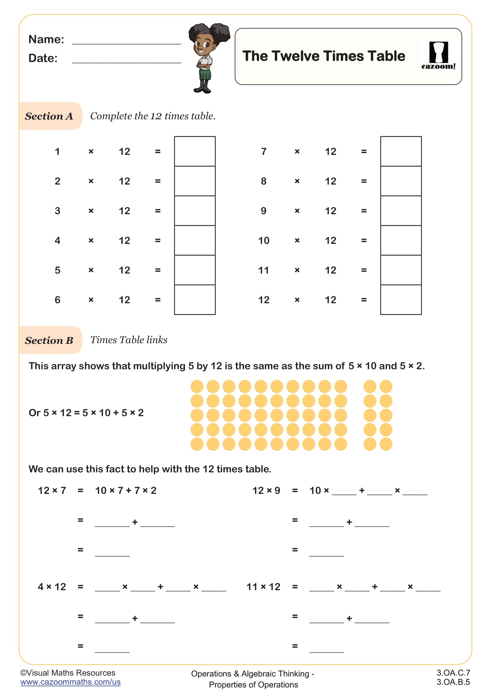 The 12 Times Table Worksheet Fun And Engaging 3rd Grade Operations Algebraic Thinking Worksheet