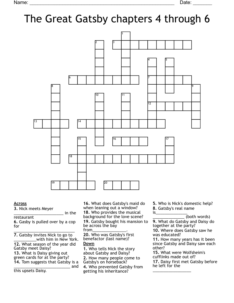 The Great Gatsby Chapters 4 Through 6 Crossword WordMint