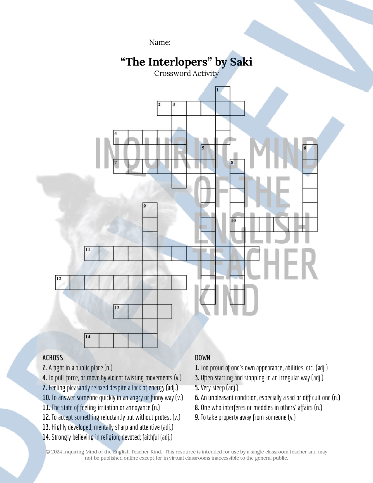 The Interlopers By Saki Vocabulary Games And Activities For High School Made By Teachers