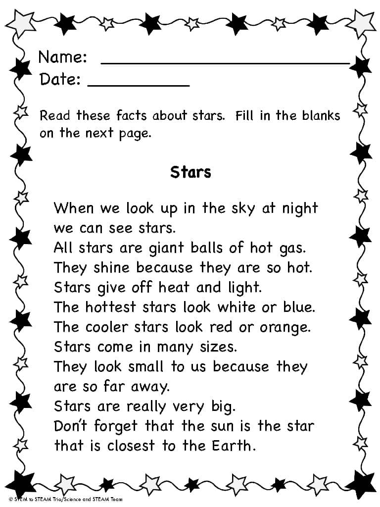 The Stars Reading Comprehension For 1st Grade By Science And STEAM Team