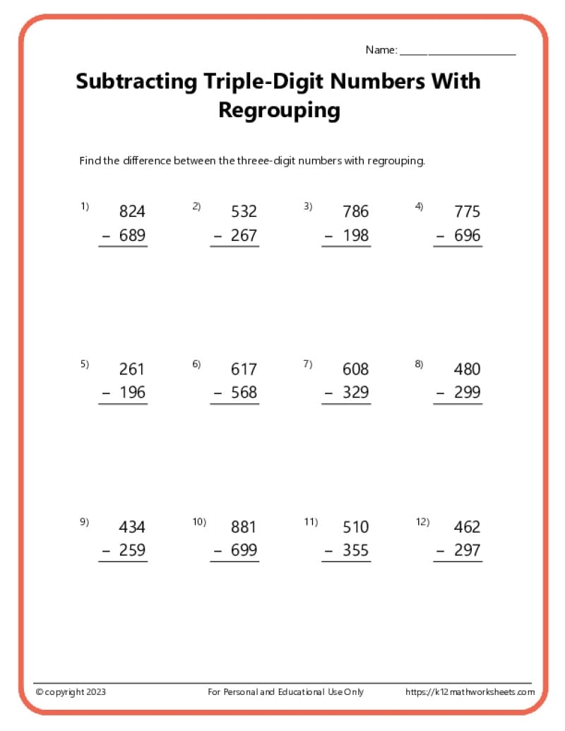 Triple Digit Subtraction With Regrouping Worksheets Triple Digit Subtraction With Regrouping Worksheets
