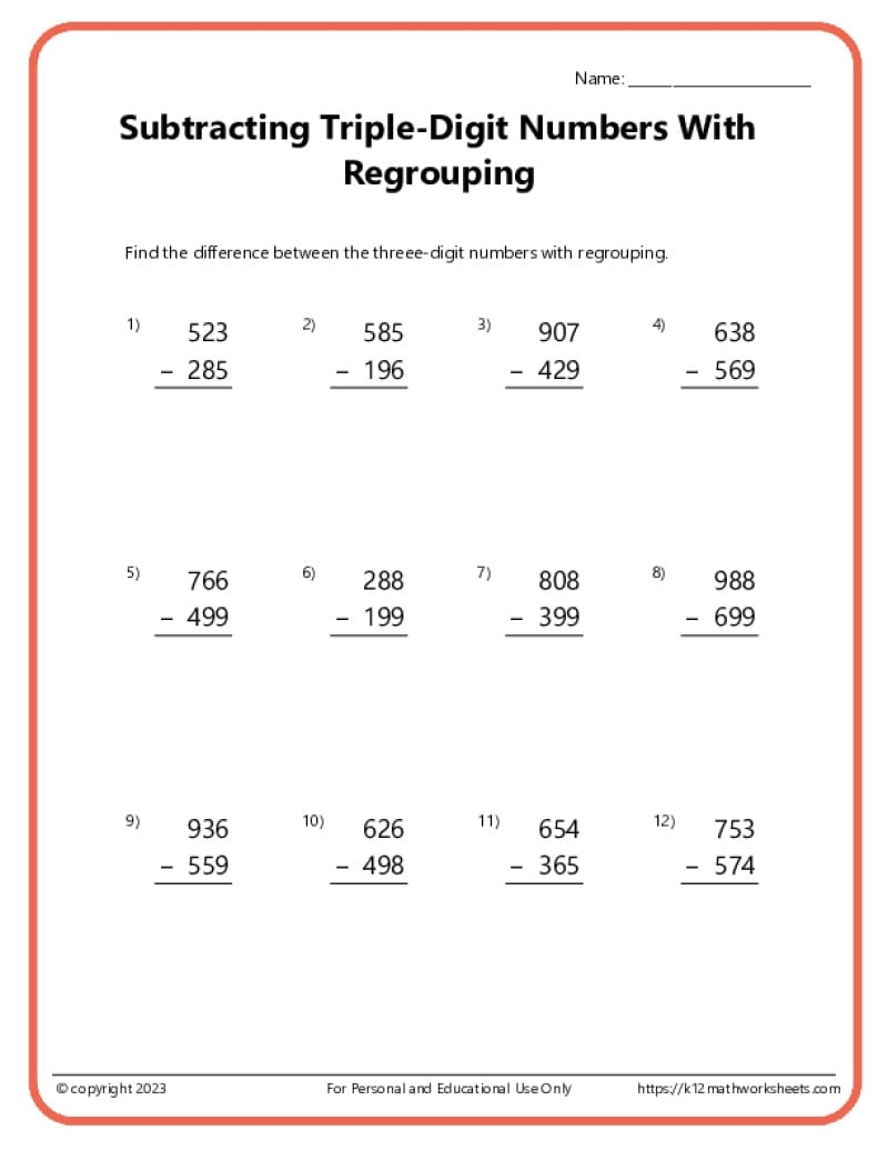 Triple Digit Subtraction With Regrouping Worksheets