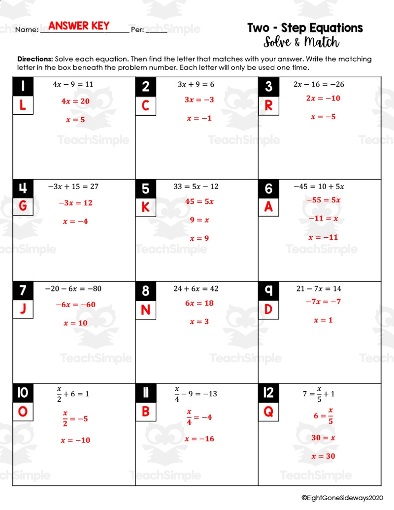 Two Step Equations Solve Match Worksheet By Teach Simple Two Step Equations Solve Match Worksheet By Teach Simple