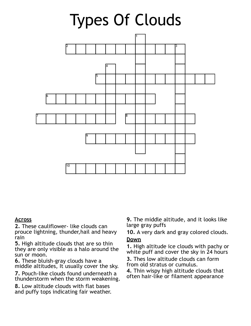 Types Of Clouds Crossword WordMint