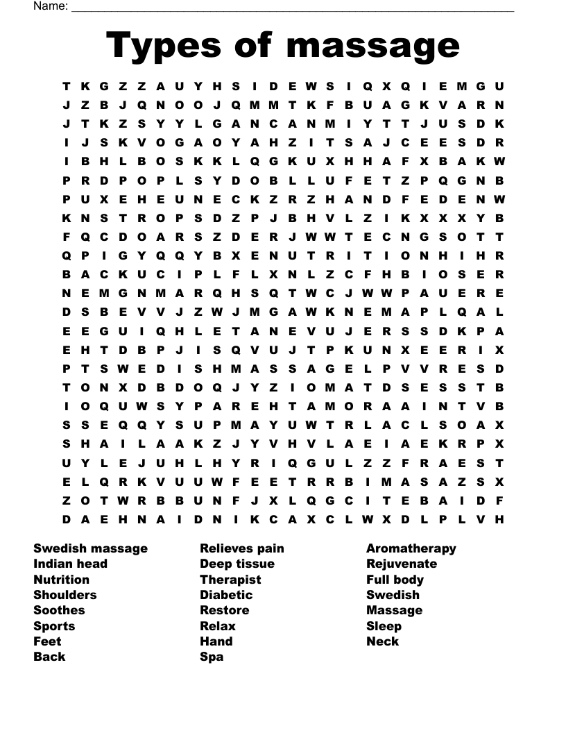 Types Of Massage Word Search WordMint