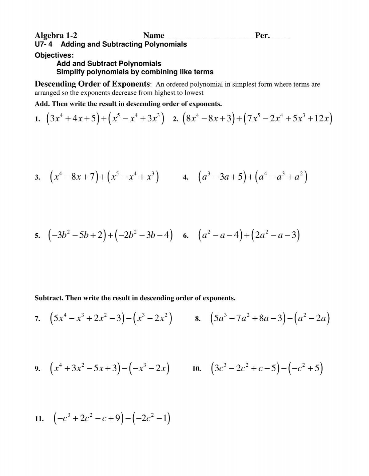 adding and subtracting polynomials worksheet adding and subtracting polynomials worksheet