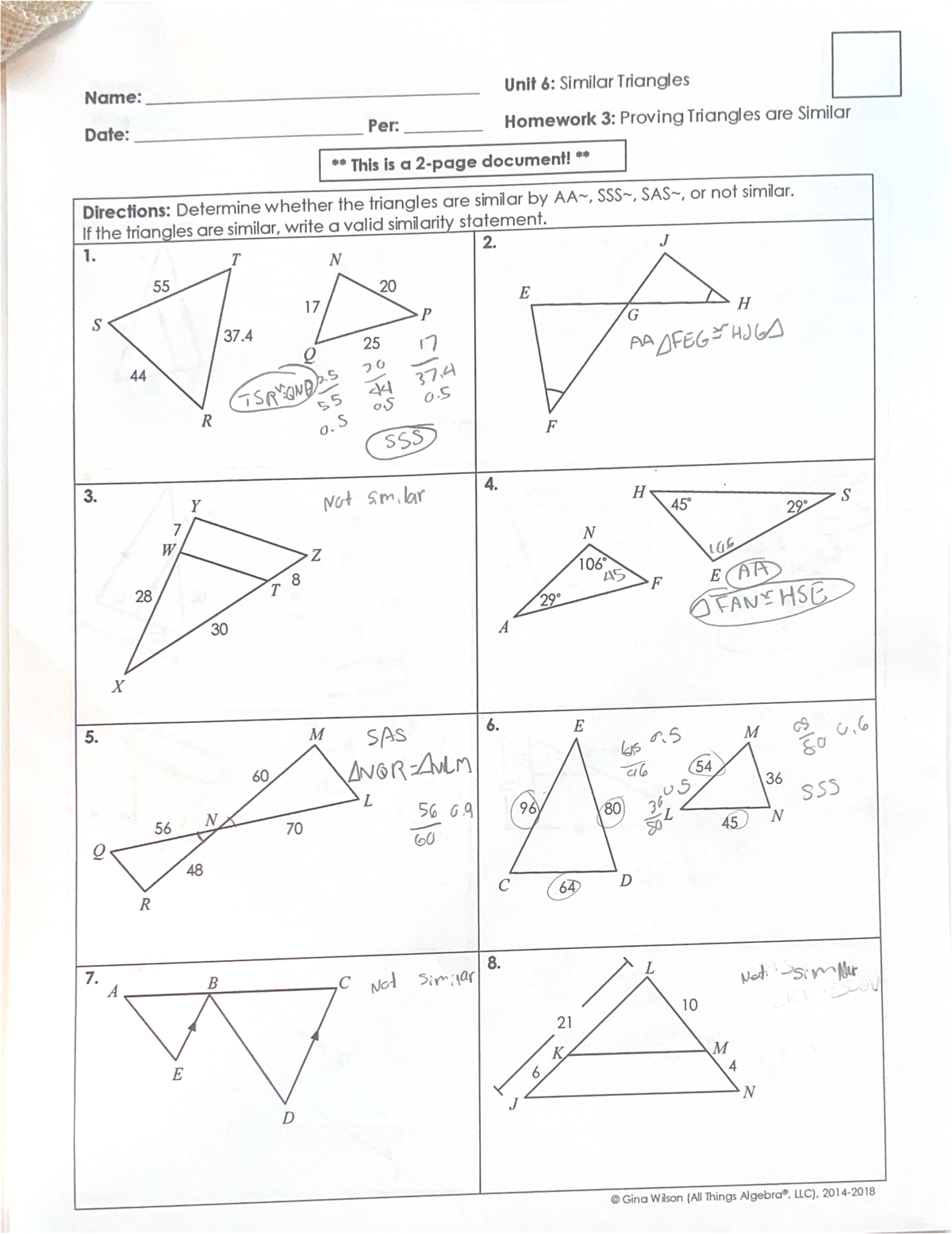 Unit 6 Homework Similar Triangles Parallel Lines Proportional Parts Studocu