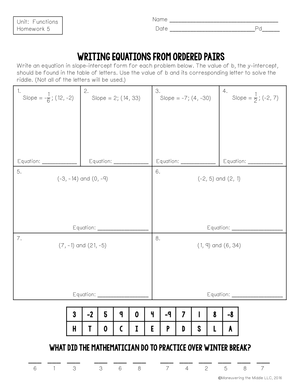Unit 6 Lesson 5 Homework Writing Equations From Ordered Pairs Josh Agee Library Formative