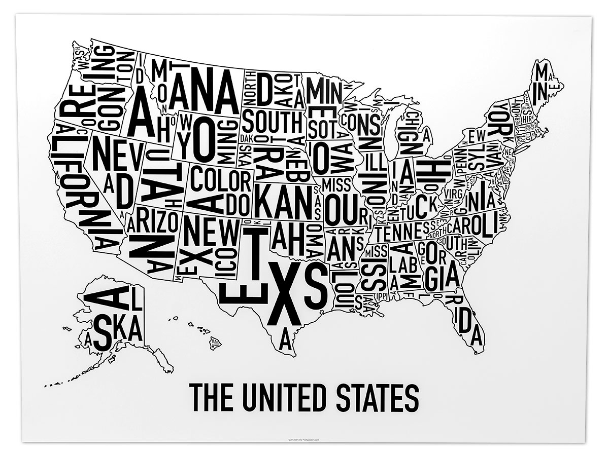 United States Map 24 X 18 Classic Black White Poster