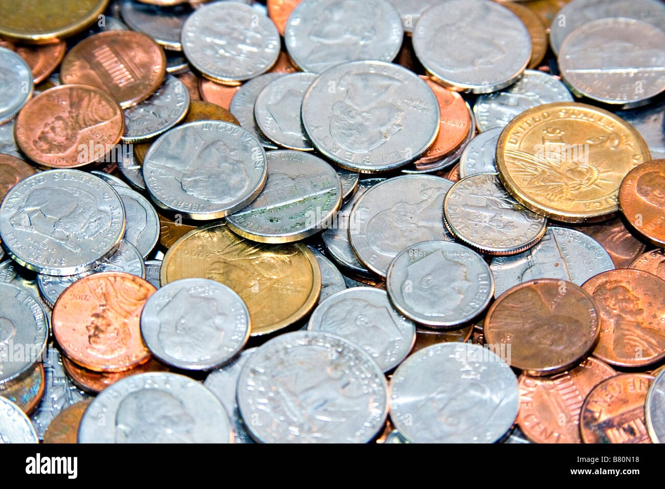 US Currency Pennies Nickels Dimes Quarters And Dollar Coins Stock Photo Alamy